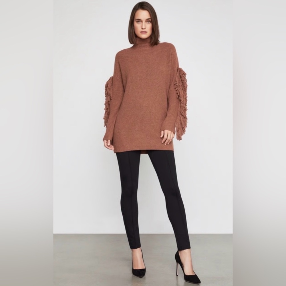 Fringe Sleeve Mock Neck Sweater - Brown
